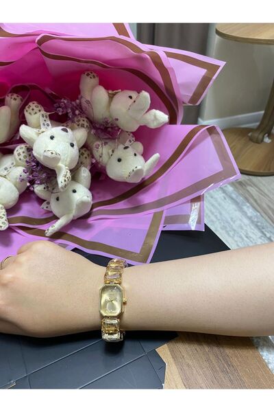 Butik Krem Cam Taşlı Altın Sarısı Kadın Bileklik Saat