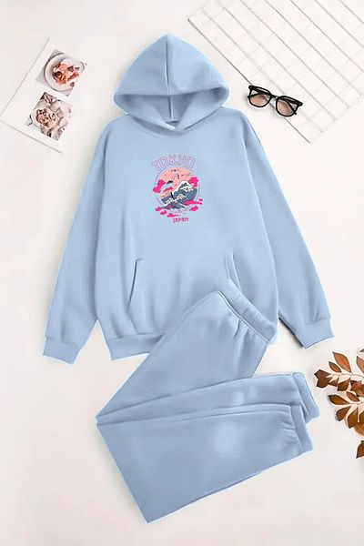 CLAYES Unisex Hooded BabyBlue Σετ αθλητικής φόρμας TOKYO JAPANESE Printed - Χειμερινό ύφασμα με ανοιχτόχρωμο