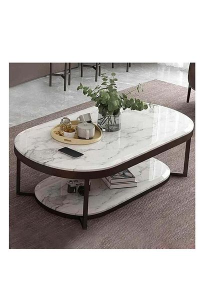 Generic Marble Wooden and Iron Coffee Table - Black and White - 120×70×50 cm