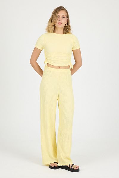 COMBİNE MİCHAİL Women's Crop Blouse Wide Leg Trousers Yellow Set