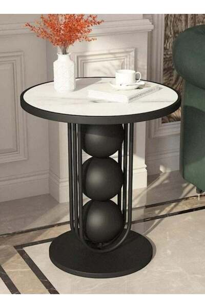 Generic Side Table - Marble Wood and Metal Black & White - 50×60 cm