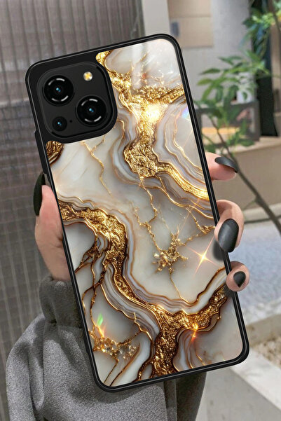 Reeder S23 Pro Max Uyumlu Beyaz&Altın Mermer Tasarımlı Glossy Premium Kılıf