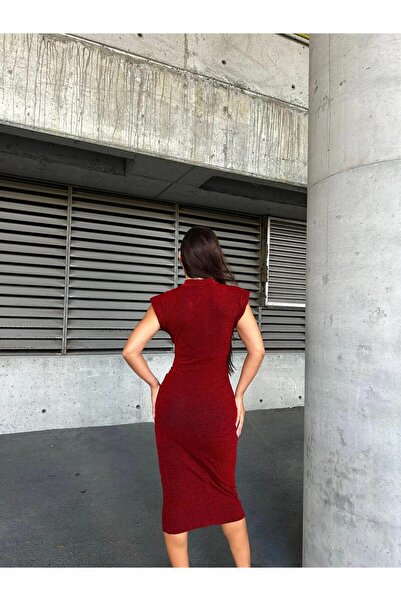 Modafeminen Flowers Half Turtleneck Brooch Λεπτομερές Midi βραδινό φόρεμα 583310 Κόκκινο