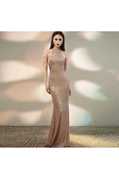 elissaa HALTER YAKA BONCUK DETAYLI PUL PAYET ABİYE ELBİSE