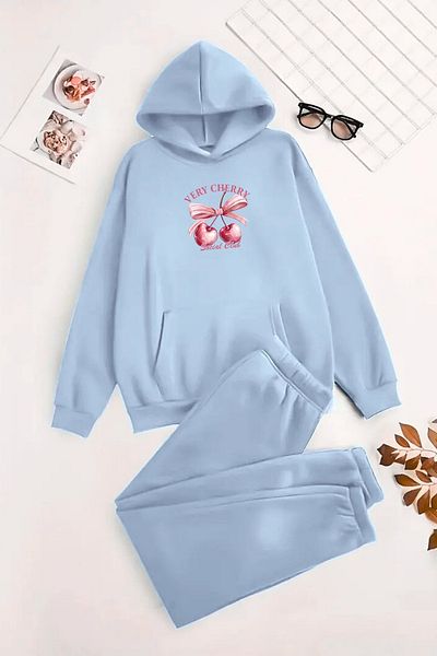 CLAYES Unisex Hooded BabyBlue Σετ αθλητικής φόρμας VERY CHERRY Printed - Χειμερινό ύφασμα με ανοιχτόχρωμο
