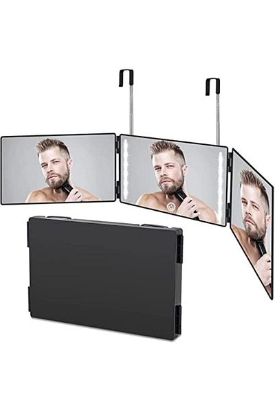 PADOM 3 Way Mirror for Hair Cutting - Rechargeable 360° Barber With Adjustable Lights & Height Tele