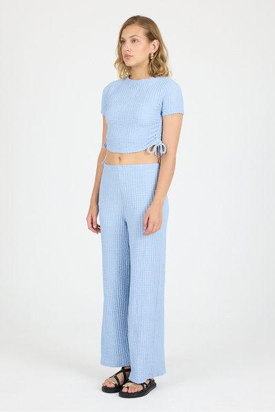 COMBİNE MİCHAİL Women's Crop Blouse Wide Leg Pants Blue Set