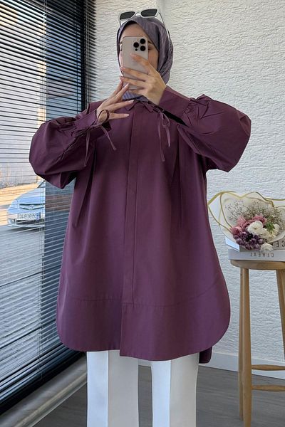 MELEK ARAZ Premium Tie-Up Poplin Tunic with Sleeves - Plum