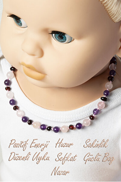 Boas Sertifikalı Bebek Kehribar Kolyesi – Kehribar, Ametist ve Pembe Kuvars D...