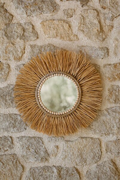 Home Bohem Handmade Ahşap Boncuklu Aynalı Tek Doğal Rafya Duvar Süsü