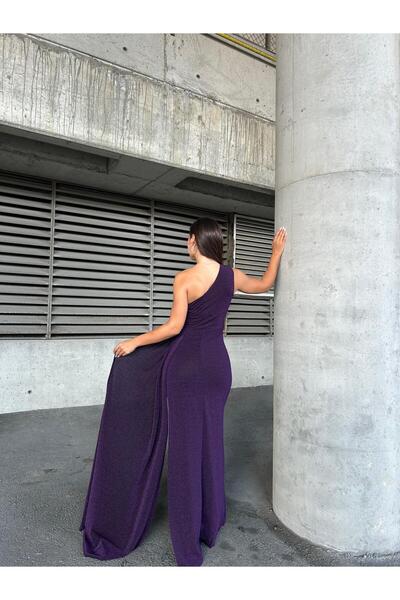 Modafeminen Flowers İnci Detaylı Tek Omuz Abiye Elbise 583313 Mor