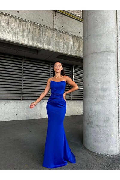 Modafeminen Scuba Straplez Uzun Elbise Saks 583301
