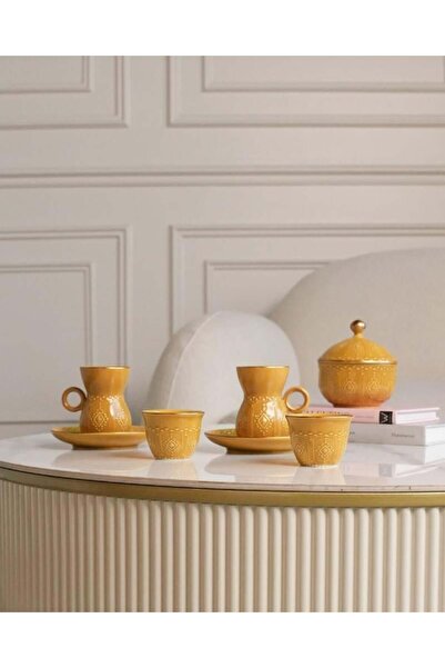 Arkaan طقم قهوة وشاهي من السيراميك بلون أصفر