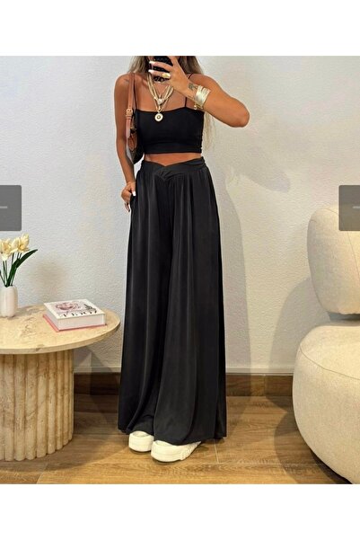 BEBE PLUS Siyah/Füme Beli Çapraz Bol Paça Likralı Modal Pantolon