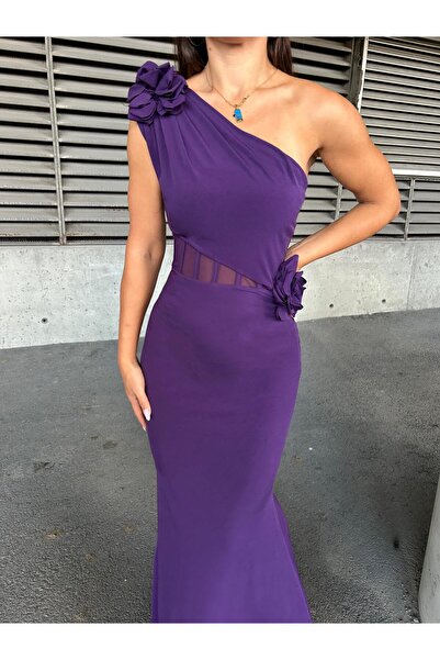 Modafeminen Sandy Tüllü Çiçek Detaylı Uzun Abiye Elbise 583171 Mor