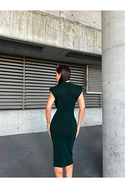 Modafeminen Flowers Half Turtleneck Καρφίτσα Λεπτομερές Midi βραδινό φόρεμα 583310 Emerald