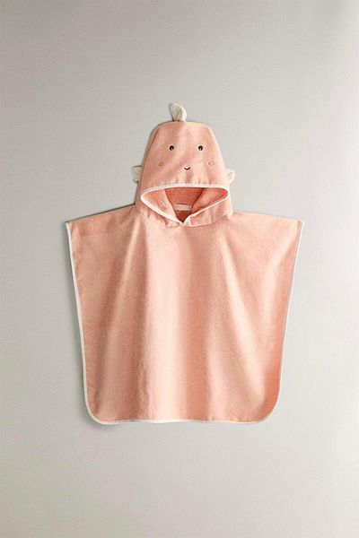 Magu Cotton Salmon Hooded Children's Poncho Towel - Cute Face Pattern