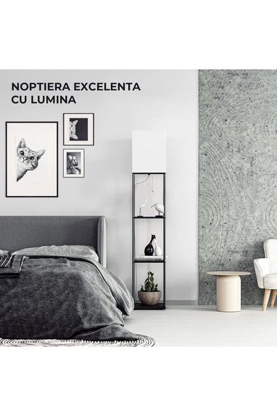 Elindor ® Decorative Floor Lamp with Metal Structure, Storage Shelves, Textile Shade, Black