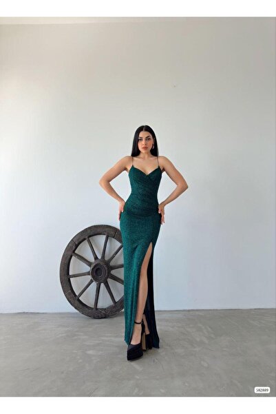 Modafeminen Kadın Fukuro Simli Askılı Abiye Zümrüt 582889