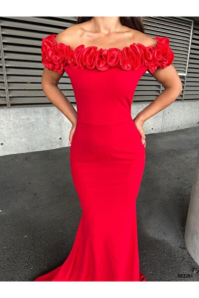 Modafeminen Flowers Yarım Balıkçı Yaka Broş Detaylı Midi Abiye Elbise 583281 Kırmızı