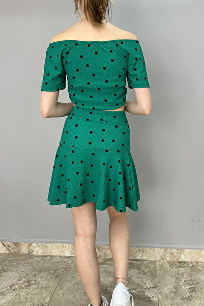 Tam Moda Women's Blouse-Skirt Suit Green Polka Dot Patterned
