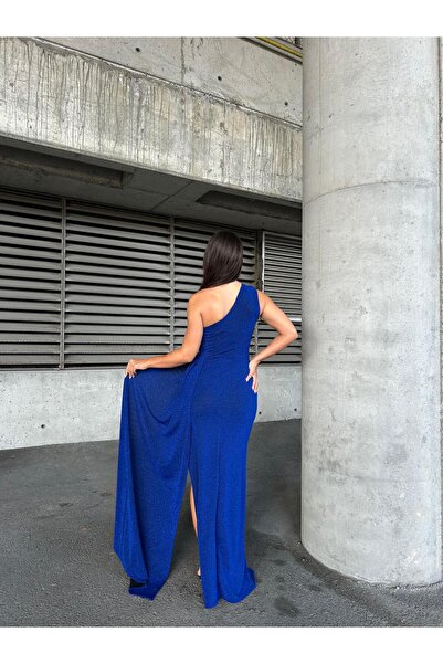 Modafeminen Flowers İnci Detaylı Tek Omuz Abiye Elbise 583313 Saks