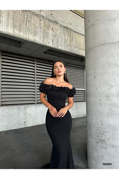 Modafeminen Flowers Yarım Balıkçı Yaka Broş Detaylı Midi Abiye Elbise 583281 Siyah