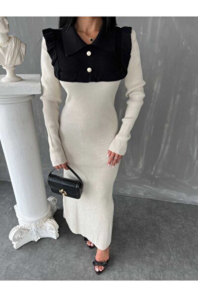 newmisal Γυναικείο πλεκτό φόρεμα με βολάν στο λαιμό