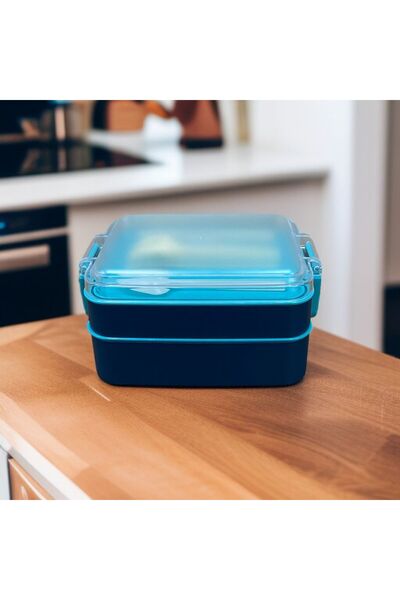 SANALTİCARETİM Rectangular Two-Layer Blue Color 900 ml Lunch Box Lunch Box Lunch Box Set Storage Container