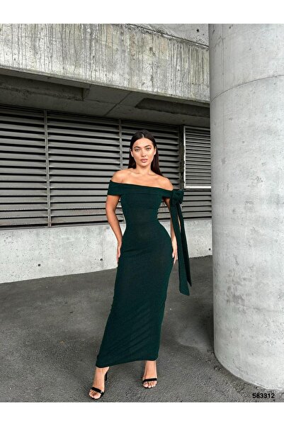 Modafeminen Flowers Madonna Collar Bow Λεπτομερές βραδινό φόρεμα 583312 Emerald