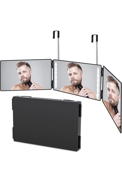 PADOM 3 Way Mirror for Hair Cutting - Rechargeable 360° Barber With Adjustable Lights & Height Tele