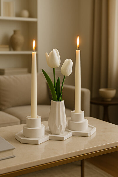 Neydin Home 6'lı Set - 3’lü Altlık Seti + Dekoratif Vazo ve 2’li Şamdanlık