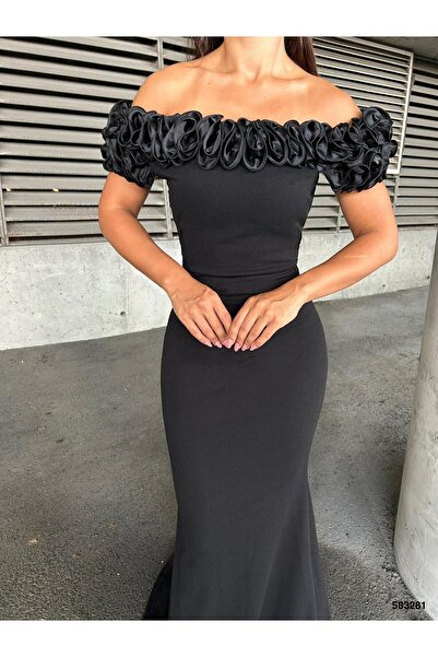 Modafeminen Flowers Yarım Balıkçı Yaka Broş Detaylı Midi Abiye Elbise 583281 Siyah