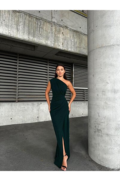 Modafeminen Flowers Μπροστινό Πλισέ Βραδινό Φόρεμα με έναν ώμο 583314 Emerald