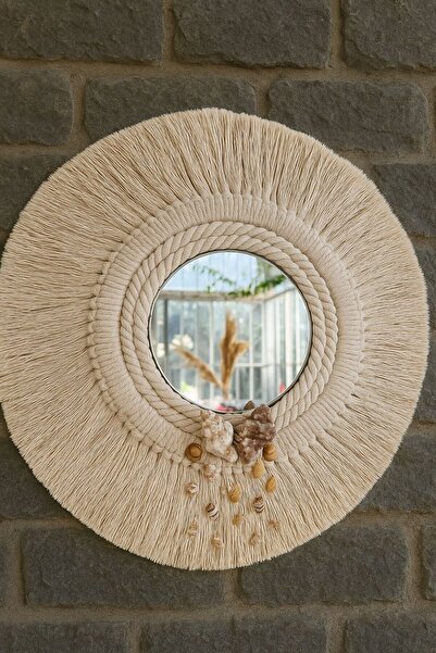 Bohem Handmade Deniz Boncuklu Aynalı Tek Doğal Makrome Duvar Süsü