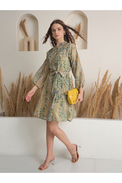 Sanskrutihomes By Styli Green Floral Print Mini Dress with Inner Slip