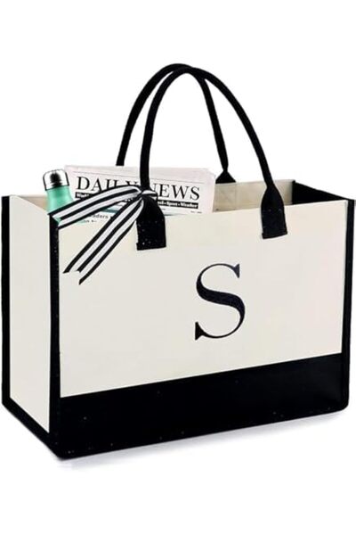 Skycare Initial Canvas Tote Bag, Beach Bag, Grocery Shopping Bag, Monogrammed Gifts Bag for Wedding,