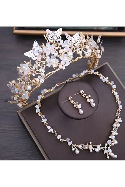 Yıldız Accessory Bahar Kelebek Taçlı Takı Seti Taç Kolye Küpe Altın Set Kır D...