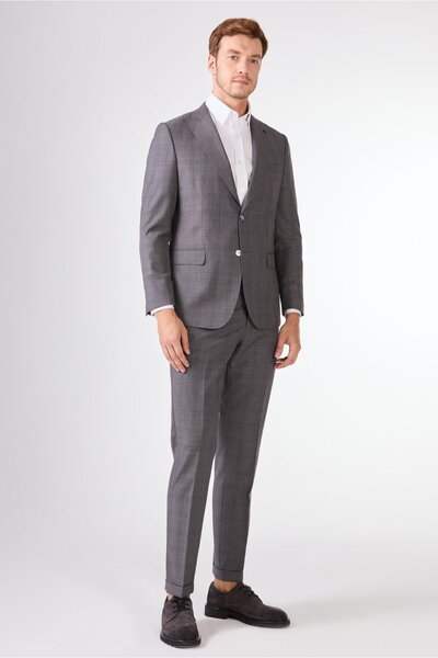 Dufy Gray Herringbone Men's Suit - Slim Fit