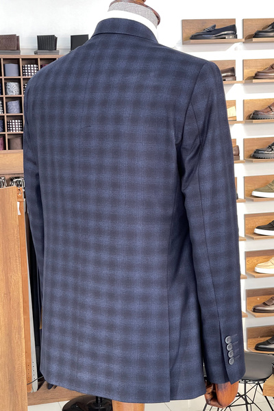 NAZEF Dar Kesim Mono Yaka Lacivert Ekose Yelekli Erkek Takım Elbise