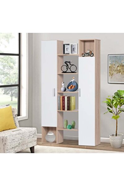 BAITY خزانة أدراج من الخشب الماليزي بخمسة أرفف وبابين باللون البني الفاتح والأبيض