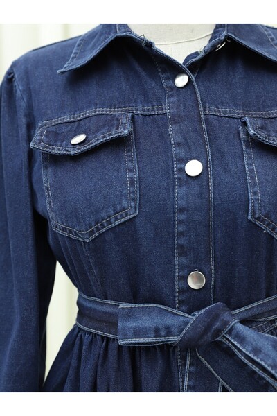 Modamorfo Rochie din denim cu curea și nasturi - bleumarin