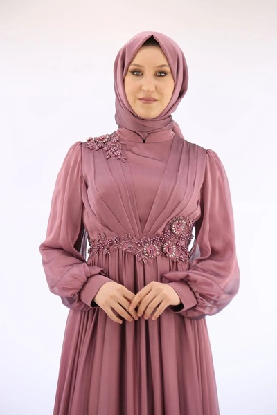 Genel Markalar Tesettür Abiye Elbise - Şifon, Boncuk ve Dantel İşlemeli Uzun ...