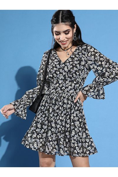 STREET 9 By Styli Black Floral Skater Mini Dress