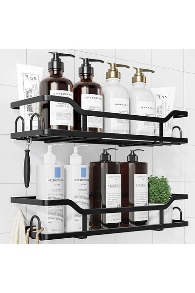 Elindor Shower Shelf and Bathroom Organizer, Set of 2 Shelves with Adhesive Grip, Black