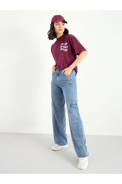 Styli Burgundy Slogan Oversized T-Shirt