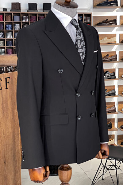 NAZEF Özel Tasarım Dar Kesim Sivri Yaka Kruvaze Siyah Takım Elbise