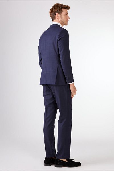 Dufy Navy Blue Herringbone Men's Suit - Slim Fit