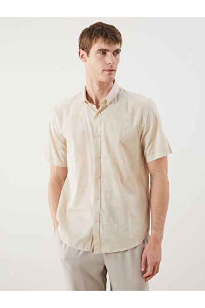 LC Waikiki Ecru Slim Fit Short Sleeve Patterned Poplin Men's Shirt