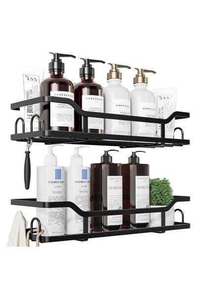 Elindor Shower Shelf and Bathroom Organizer, Set of 2 Shelves with Adhesive Grip, Black